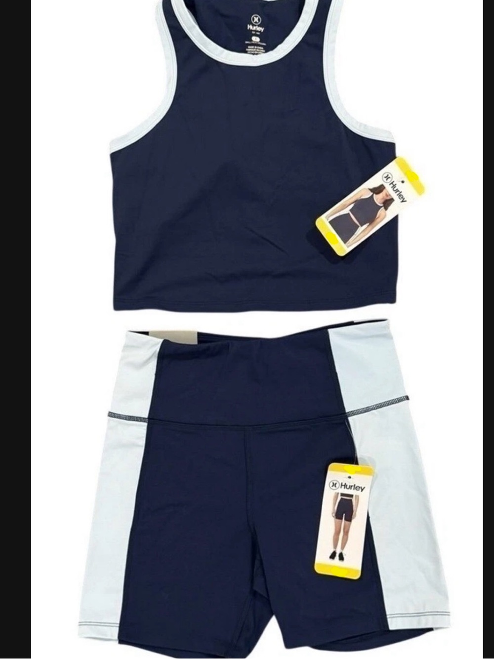 Hurley Navy and Light Blue Athletic Crop Top & High-Waist Bike Shorts Set